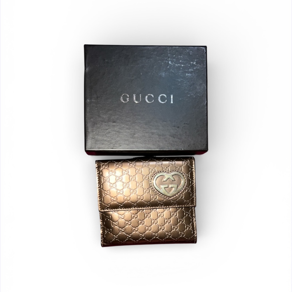 Gucci Guccissima copper leather GG heart French wallet.